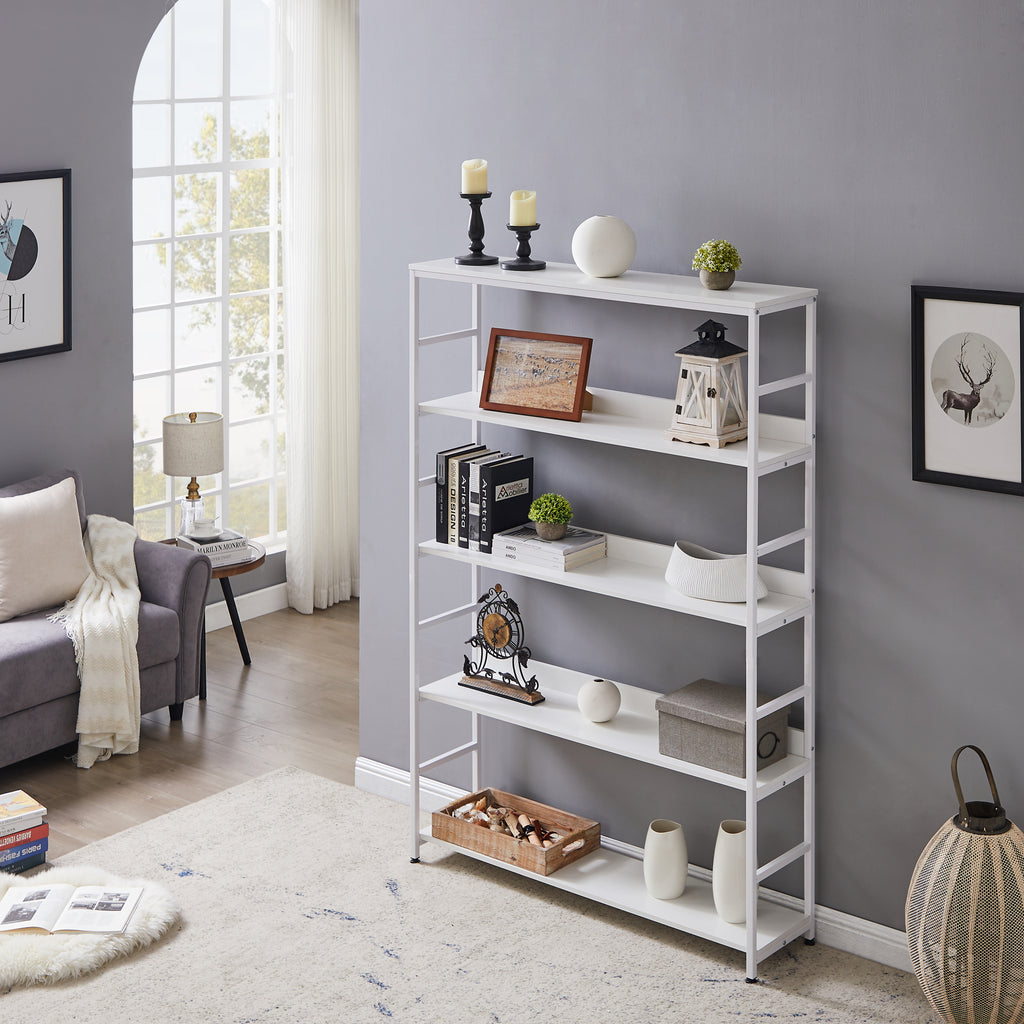 Leoglint [VIDEO] 5-Tier Home Office Bookcase Open Bookshelf Storage Large 5 Shelf Bookshelf Furniture with Metal Frame, White