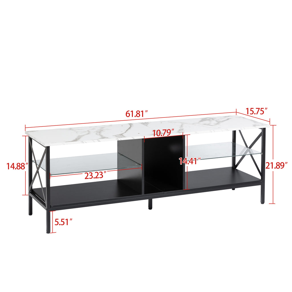 Leoglint TV stand,Iron TV cabinet,entertainment center, TV set, media console, with LED lights, remote control,toughened glass stand,can be placed in the living room, bedroom, color:white with marble texture