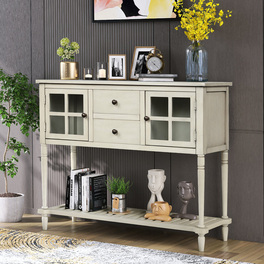 Leoglint TREXM Sideboard Console Table with Bottom Shelf, Farmhouse Wood/Glass Buffet Storage Cabinet Living Room (Antique Grey)