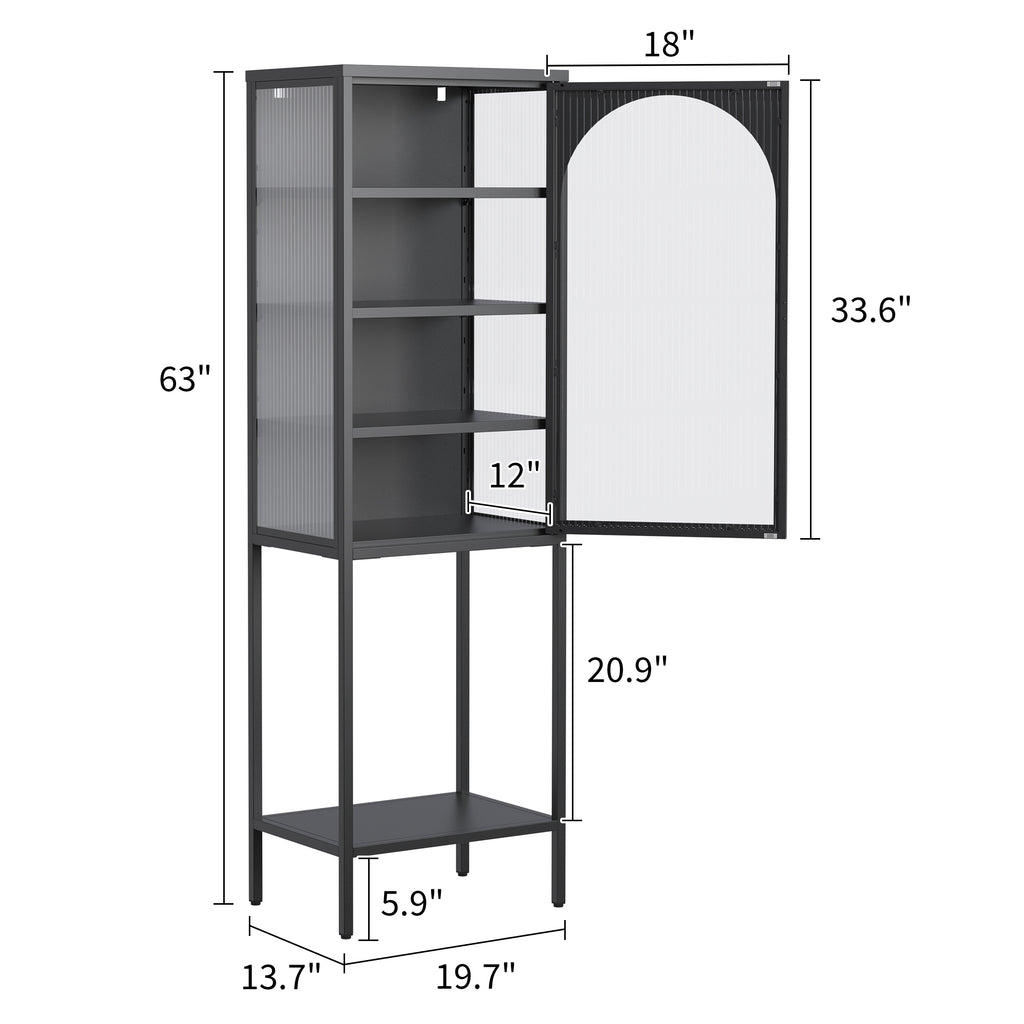 Leoglint Metal Glass Door Display Storage Cabinet - 5-Tier Cube Bookshelf Storage Cabinet with 3 Adjustable Shelves For kitchen, dining room, living room, bathroom, home office,Black