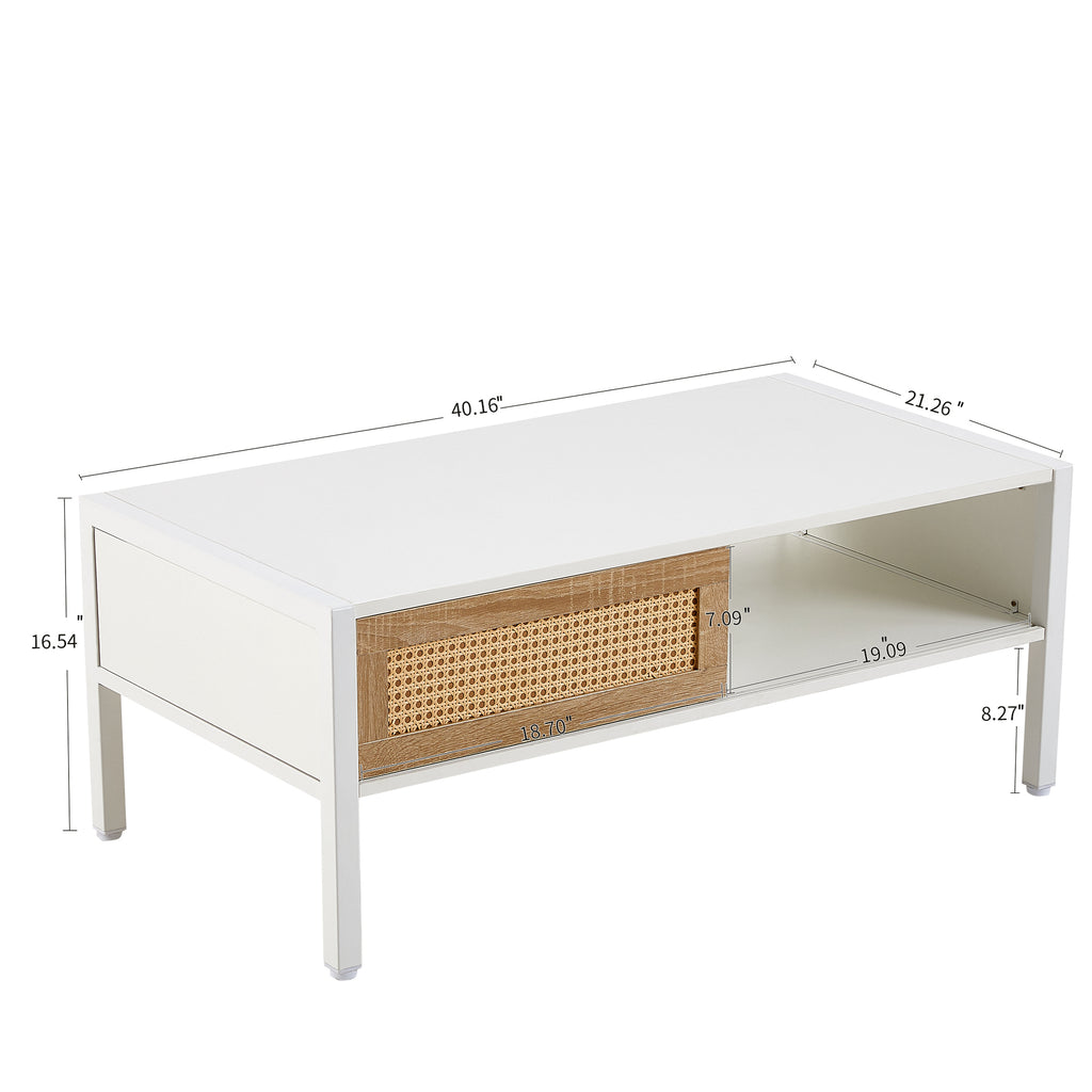 Leoglint 40.16" Rattan Coffee table, sliding door for storage, metal legs, Modern table  for living room , white