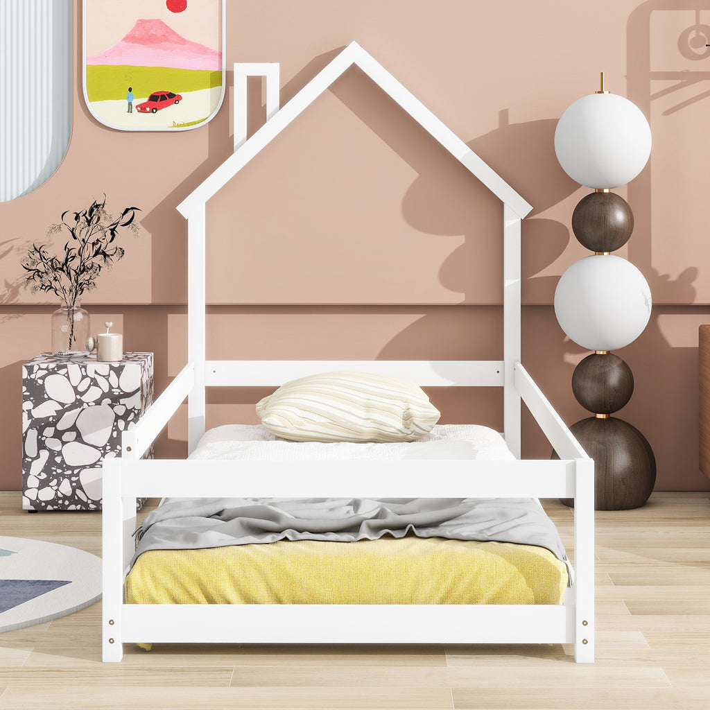 Leoglint Twin Size Wood bed frame with House-shaped Headboard Floor bed with Fences,White