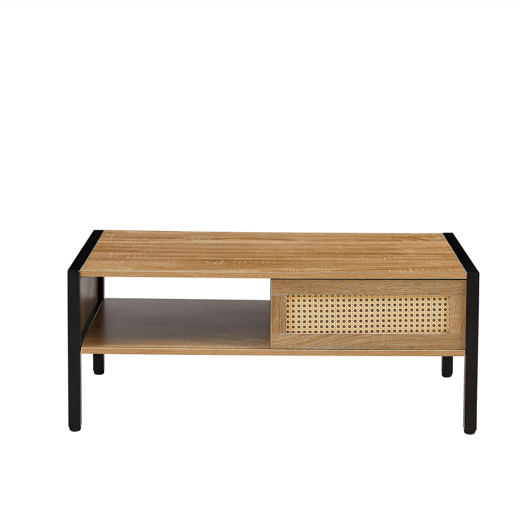 Leoglint 40.16" Rattan Coffee table, sliding door for storage, metal legs, Modern table  for living room , natural