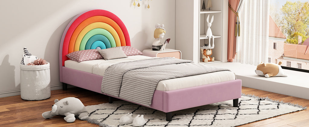 Rainbow Design Upholstered Twin Platform Bed Frame Cute Style Princess Bed for Boys & Girls, Teens, Colorful & Pink