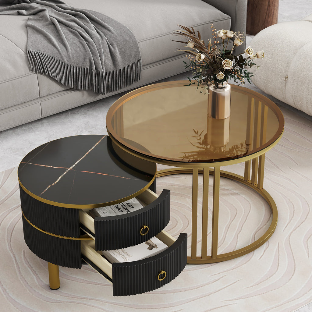 Leoglint ON-TREND Φ27.5'' & Φ19.6'' Stackable Coffee Table with 2 Drawers, Nesting Tables with Brown Tempered Glass and High Gloss Marble Tabletop, Set of 2, Round Center Table for Living Room, Black