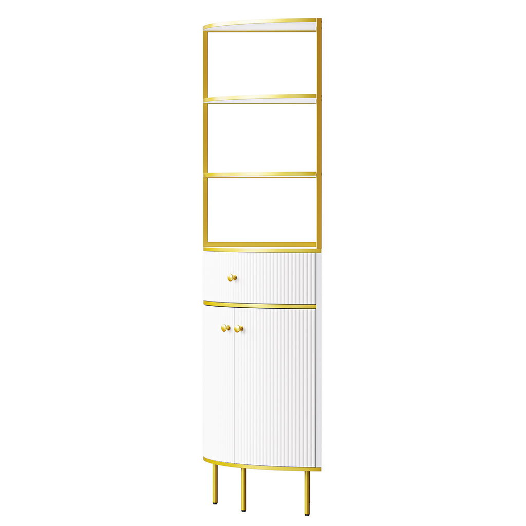 Leoglint 74.8" Tall Modern Corner Bookshelf,Fan-Shaped bookcase with 1 Drawer and 2 Doors ,Wooden Standing Corner Shelf with Gold Metal Frame for Living Room,Home Office,White