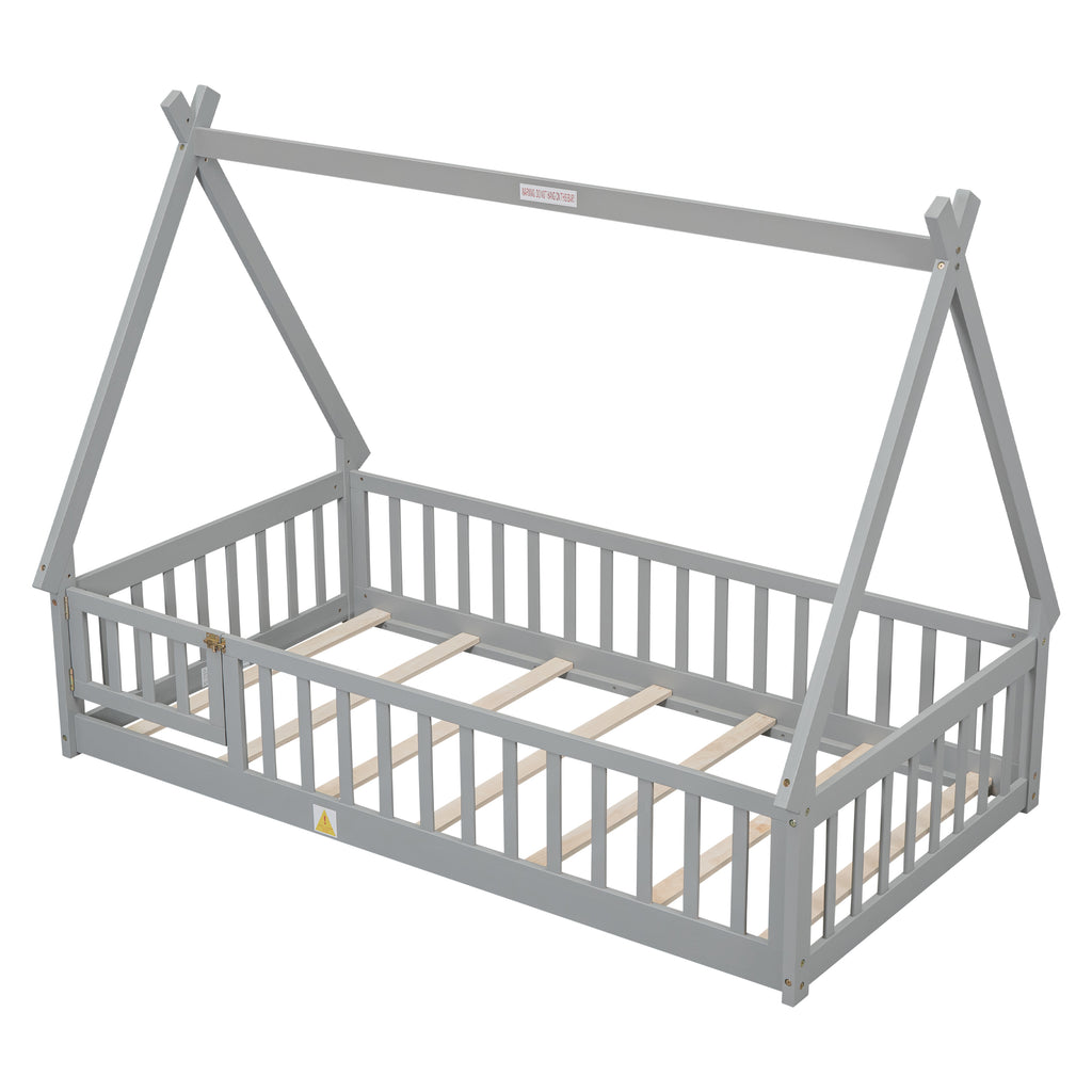 Leoglint Twin Tent-shaped Floor Bed Frame, with Guardrails, Slats, Door ,Grey