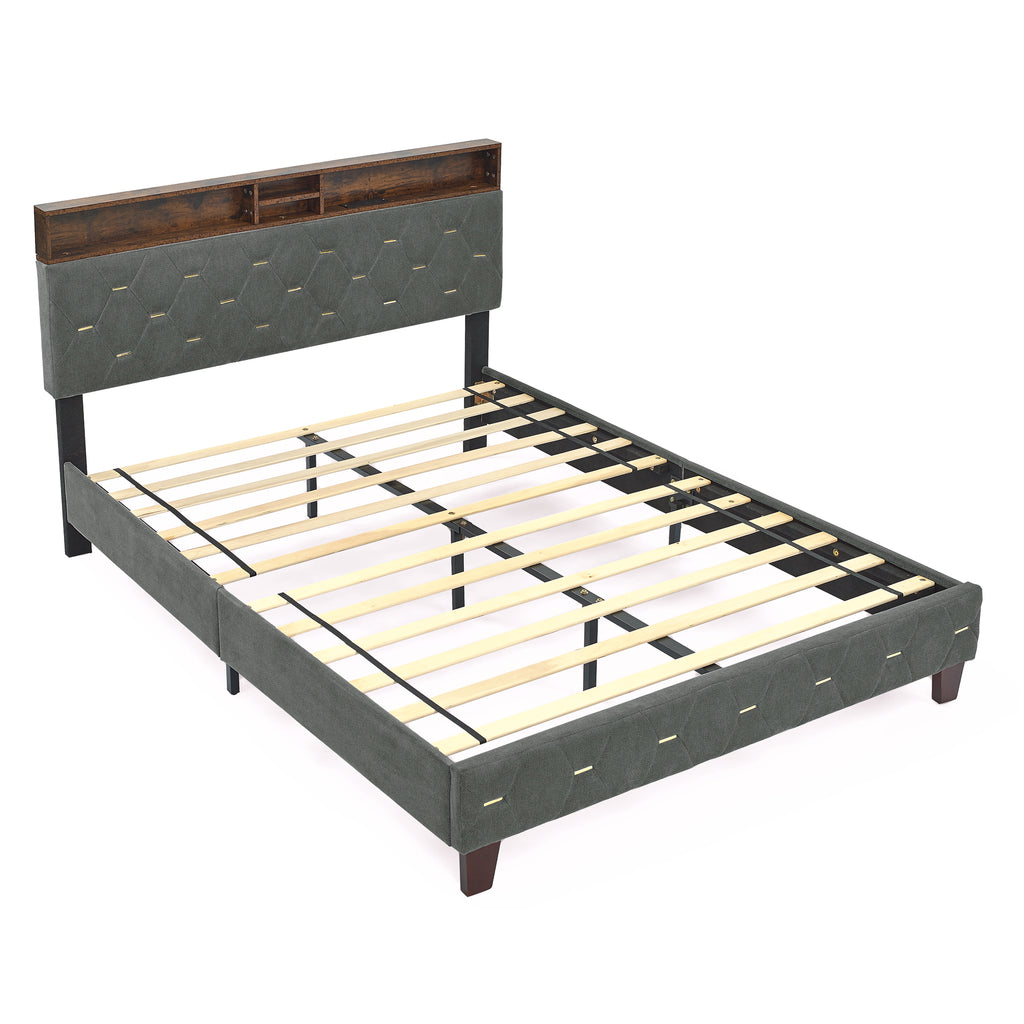 Queen Size Bed Frame, Shelf Upholstered Headboard, Platform Bed with Outlet & USB Ports, Wood Legs, No Box Spring Needed, Easy Assembly, Grey