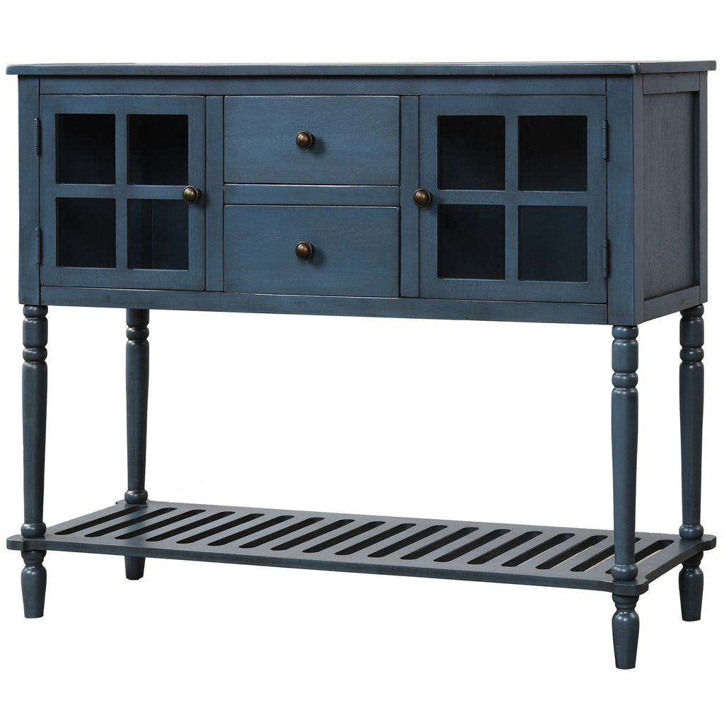 Leoglint TREXM Sideboard Console Table with Bottom Shelf, Farmhouse Wood/Glass Buffet Storage Cabinet Living Room (Antique Navy)