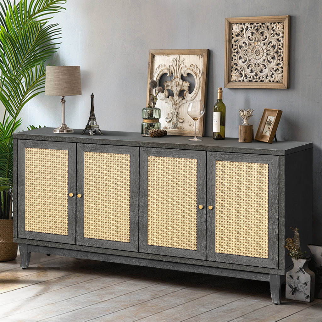 Leoglint Handcrafted Premium Grain Panels,Rattan Sideboard Buffer Cabinet With 4 Rattan Doors, Modern Storage Cupboard Console Table with Adjustable Shelves for Living Room(Antique Dark  Gray)