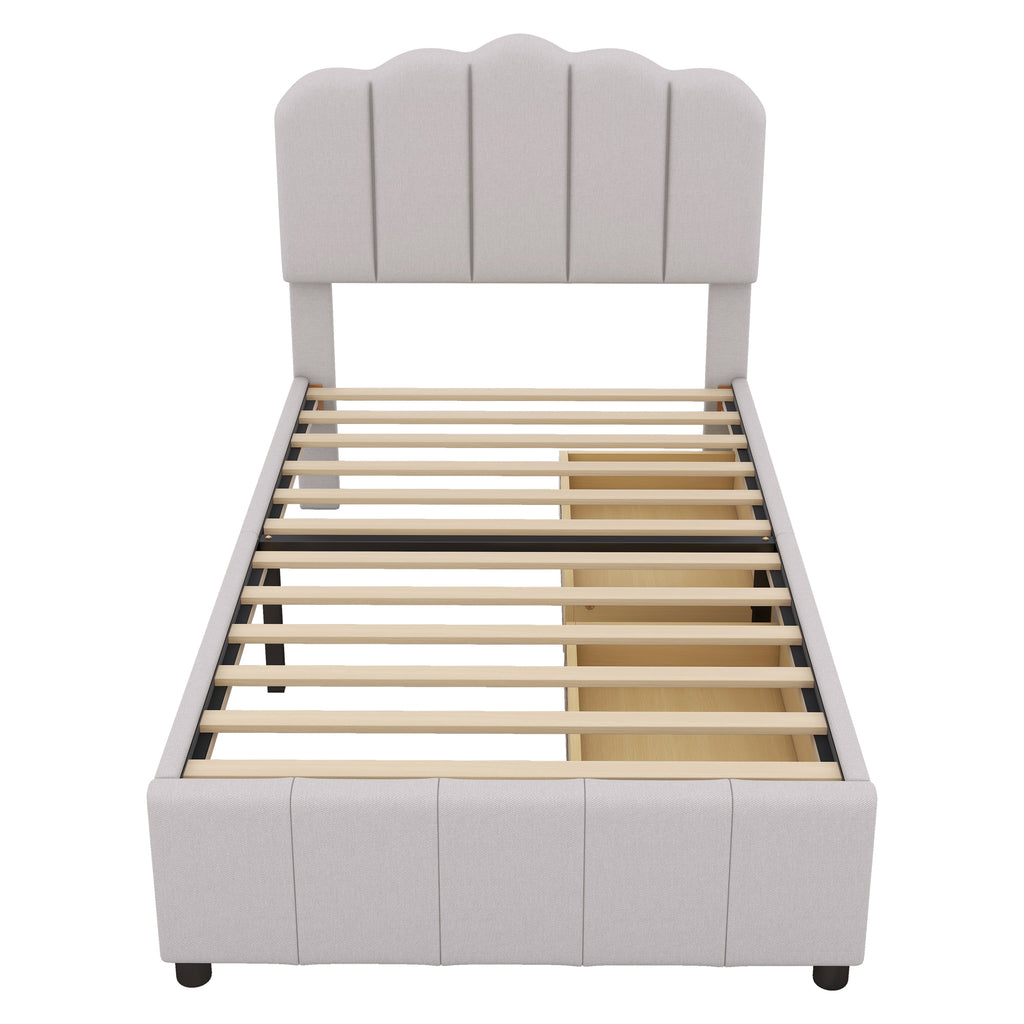 Leoglint Twin Size Upholstered Bed Frame with 2 Storage Drawers,Wood Slat Support, Beige