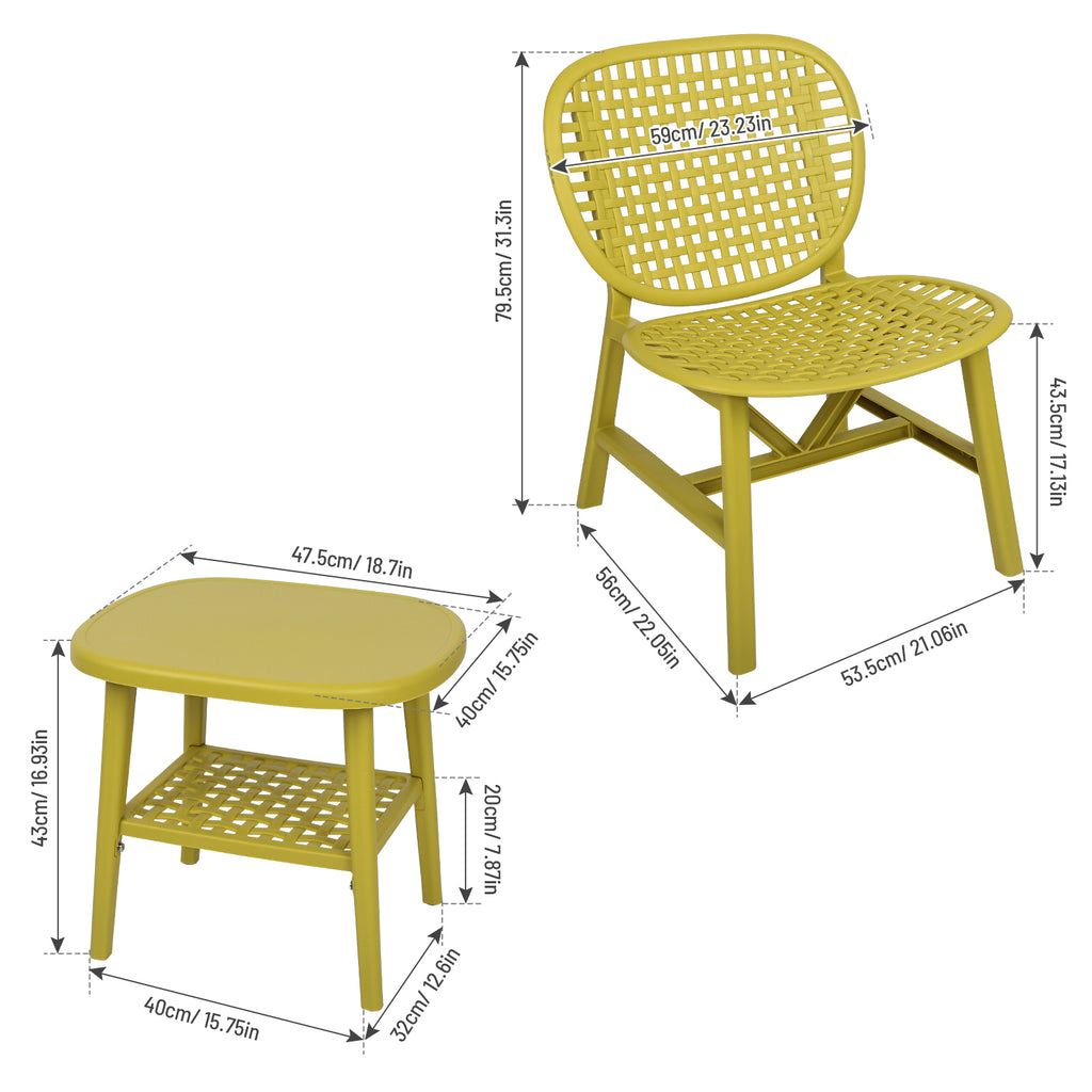 Leoglint 3 Pieces Hollow Design Patio Table Outdoor Chair Set All Weather Conversation Bistro Set Outdoor Coffee Table with Open Shelf and Lounge Chairs with Widened Seat for Balcony Garden Yard Yellow