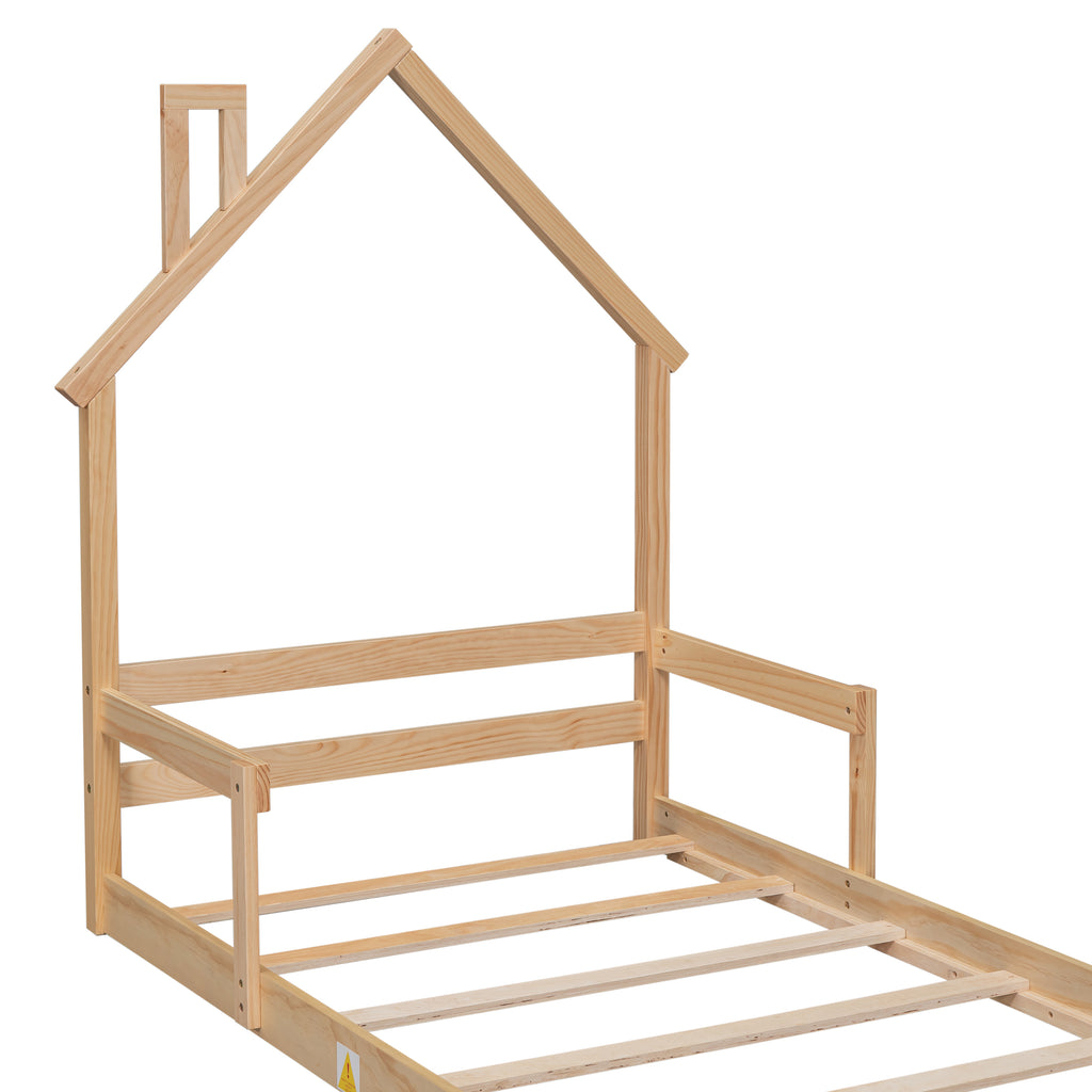 Leoglint Twin House-Shaped Headboard Floor Bed Frame with Handrails ,slats ,Natural