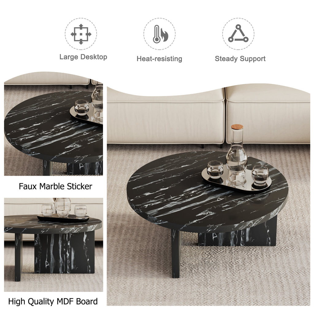 Leoglint Black MDF material circular coffee table with texture, 31.4 inch black middle table, modern tea table, suitable for small spaces, living room.