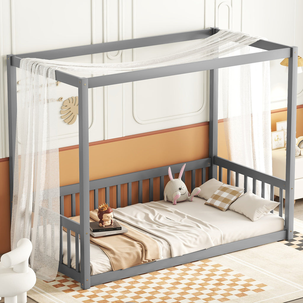 Leoglint Twin Size Canopy Frame Floor Bed Frame with Fence, Guardrails,Grey