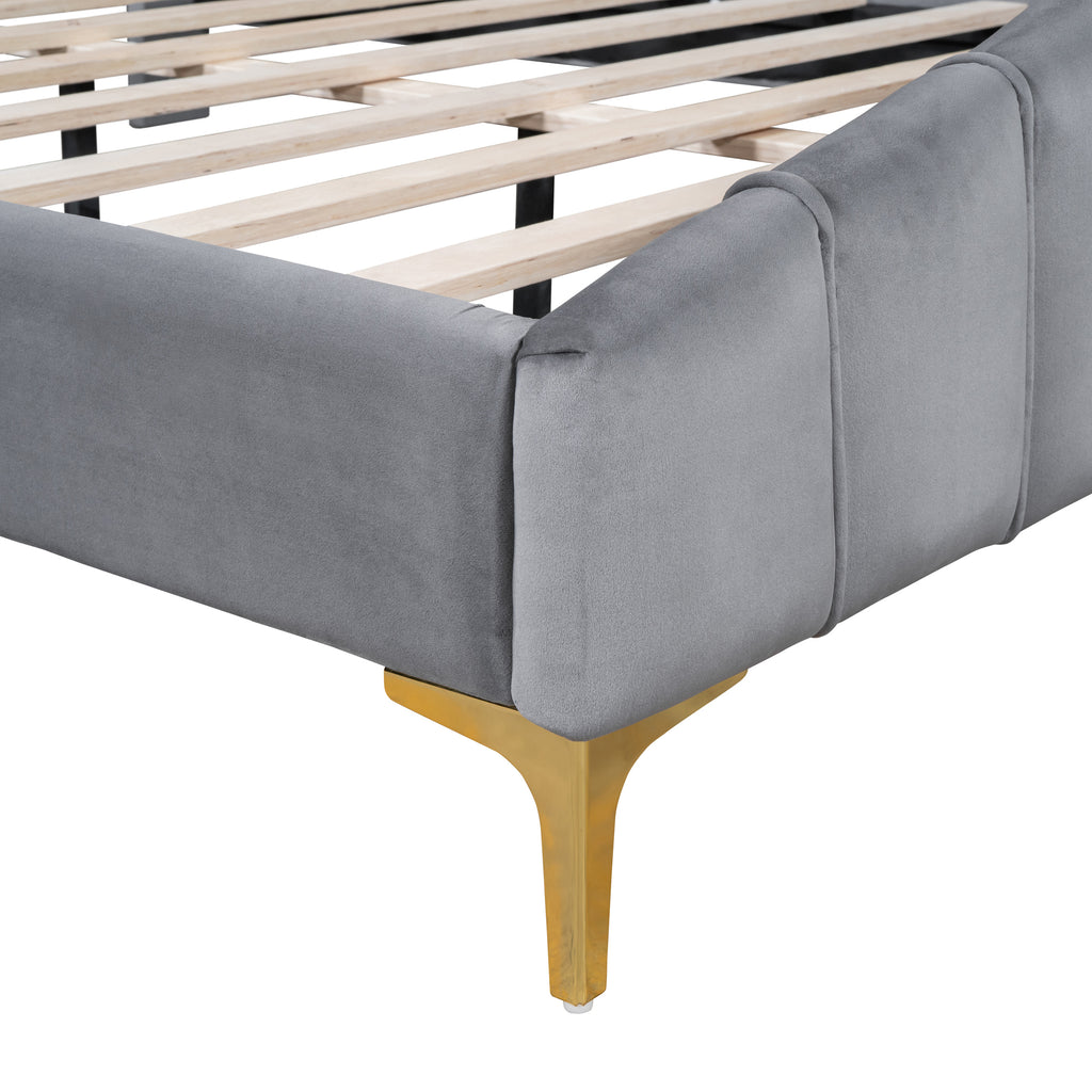 Queen Size Velvet Platform Bed Frame with Thick Fabric, Stylish Stripe Decorated Bedboard and Elegant Metal Bed Leg, Gray