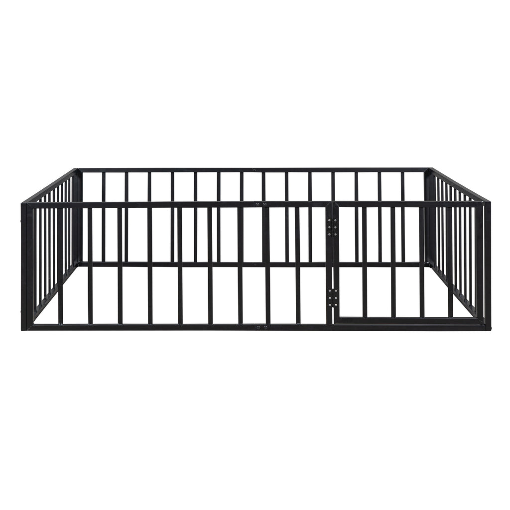 Leoglint Full Size Metal Floor Bed Frame with Fence and Door, Black