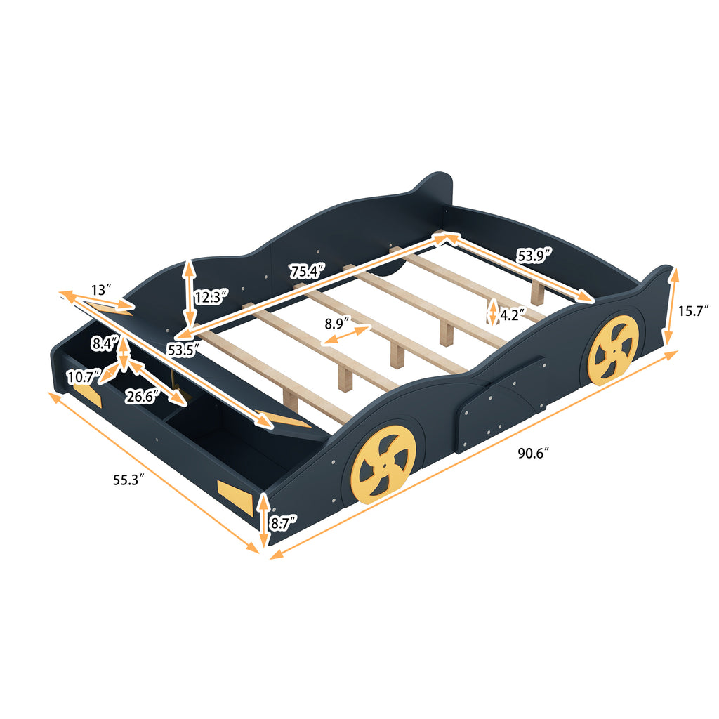 Leoglint Bed Frame Full Size Race Car-Shaped Platform Bed with Wheels and Storage, Dark Blue+Yellow