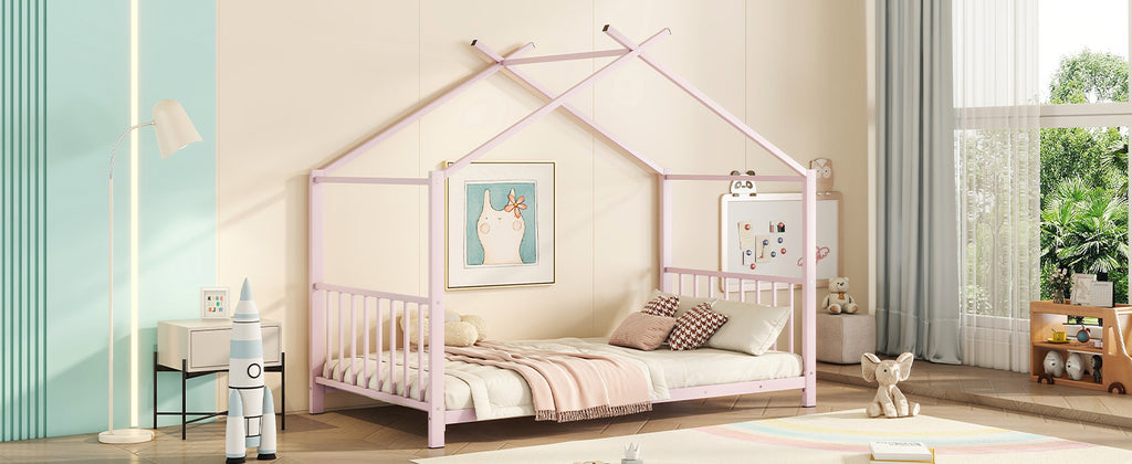 Leoglint Twin Size Metal House Platform Bed Frame, Pink