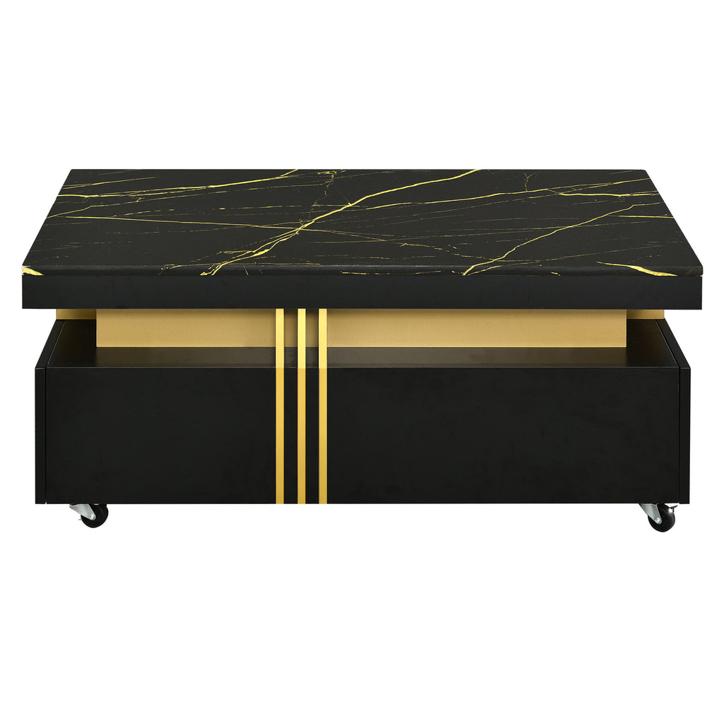 Leoglint [VIDEO provided] ON-TREND Contemporary Coffee Table with Faux Marble Top, Rectangle Cocktail Table with Caster Wheels, Moderate Luxury Center Table with Gold Metal Bars for Living Room, Black