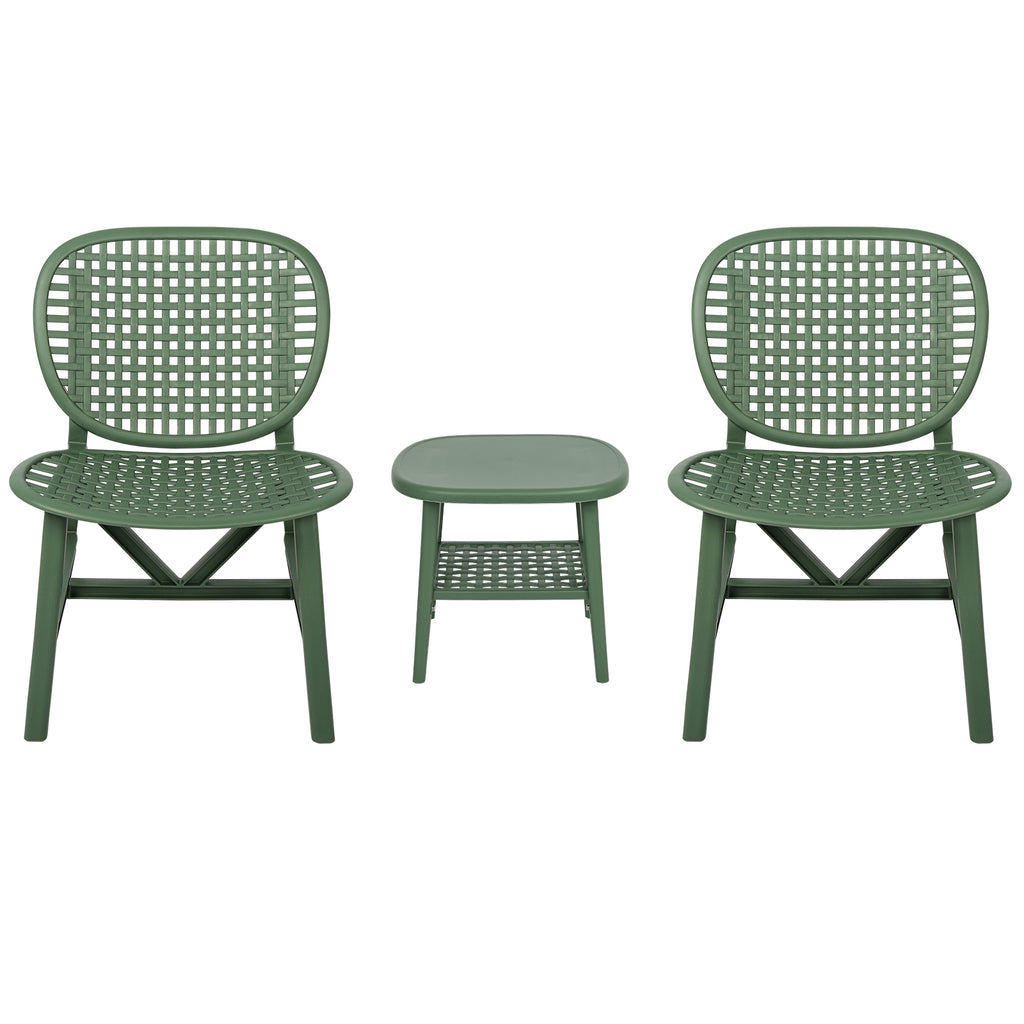 Leoglint 3 Pieces Hollow Design Retro Patio Table Outdoor Chair Set All Weather Conversation Bistro Set Outdoor Table with Open Shelf and Lounge Chairs with Widened Seat for Balcony Garden Yard  Green