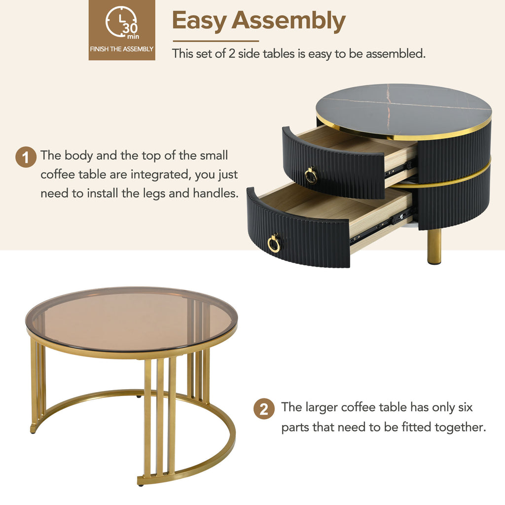 Leoglint ON-TREND Φ27.5'' & Φ19.6'' Stackable Coffee Table with 2 Drawers, Nesting Tables with Brown Tempered Glass and High Gloss Marble Tabletop, Set of 2, Round Center Table for Living Room, Black