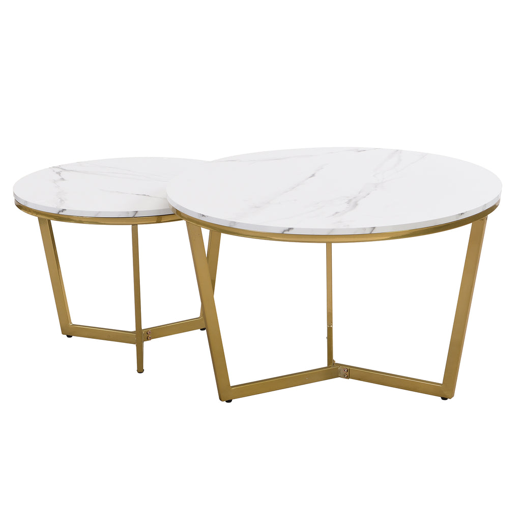 Leoglint Modern Round Nesting Coffee Table Set 2-Piece White & Marbling Top Gold Base