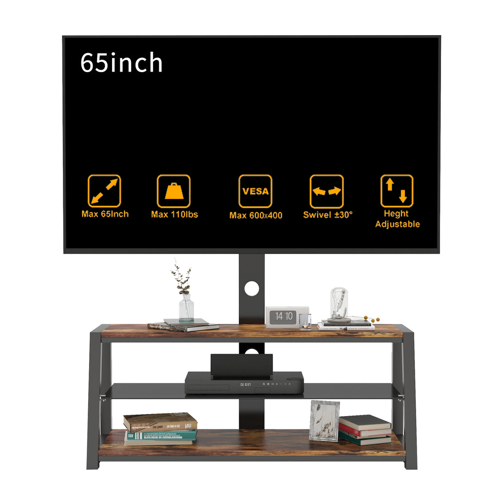 Leoglint Wooden Storage Tv Stand Black Tempered Glass Height Adjustable Universal Swivel Entertainment Center With Mount TV Stand