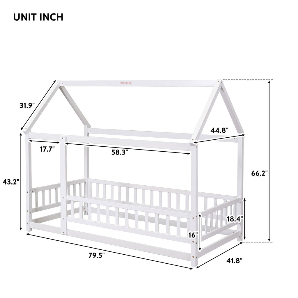 Leoglint Twin Size Floor Wooden Bed Frame with House Roof Frame, Fence Guardrails,White(Old SKU:W1791106615)