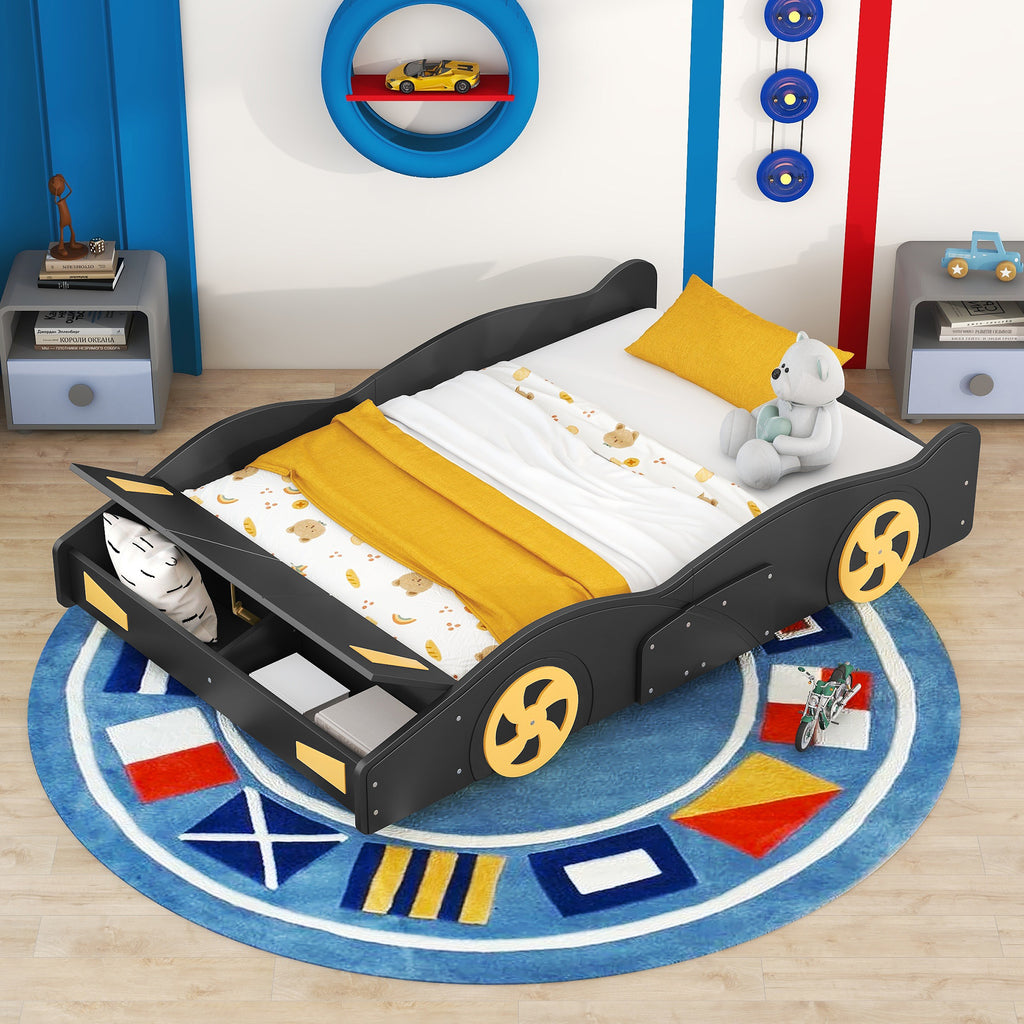 Leoglint Full Size Race Car-Shaped Platform Bed with Wheels and Storage, Black+Yellow