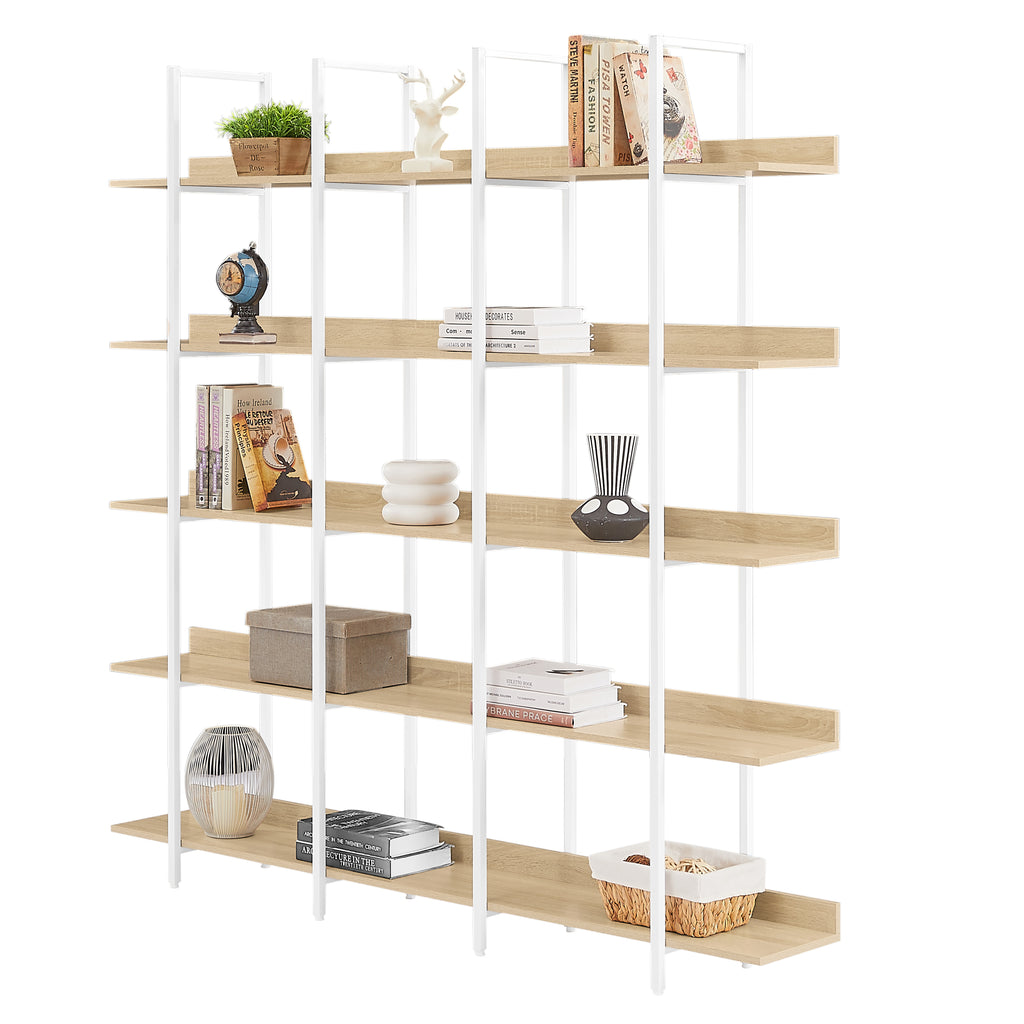 Leoglint 5 Tier Bookcase Home Office Open Bookshelf, Vintage Industrial Style Shelf, MDF Board, White Metal Frame, Oak