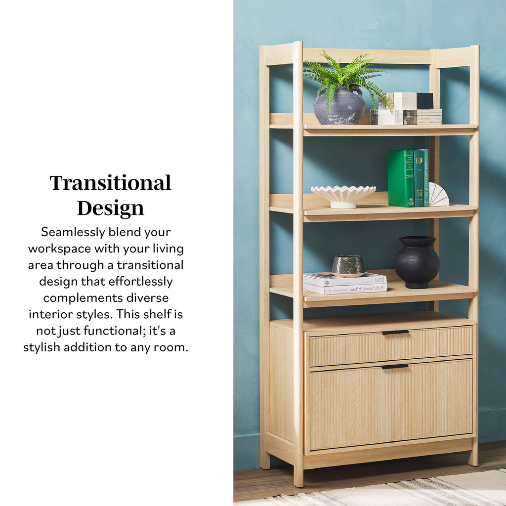 Leoglint Transitional Wide Bookshelf with Drawers on Bottom - Oak