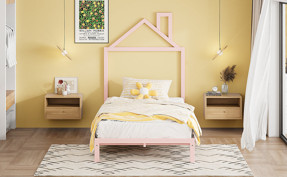 Leoglint Twin Size Metal Platform Bed Frame with House-Shaped Headboard Design, Pink