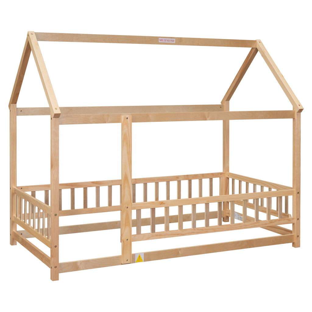 Leoglint Twin Size Floor Wooden Bed Frame with House Roof Frame, Fence Guardrails,Natural(Old SKU:W1791106616)