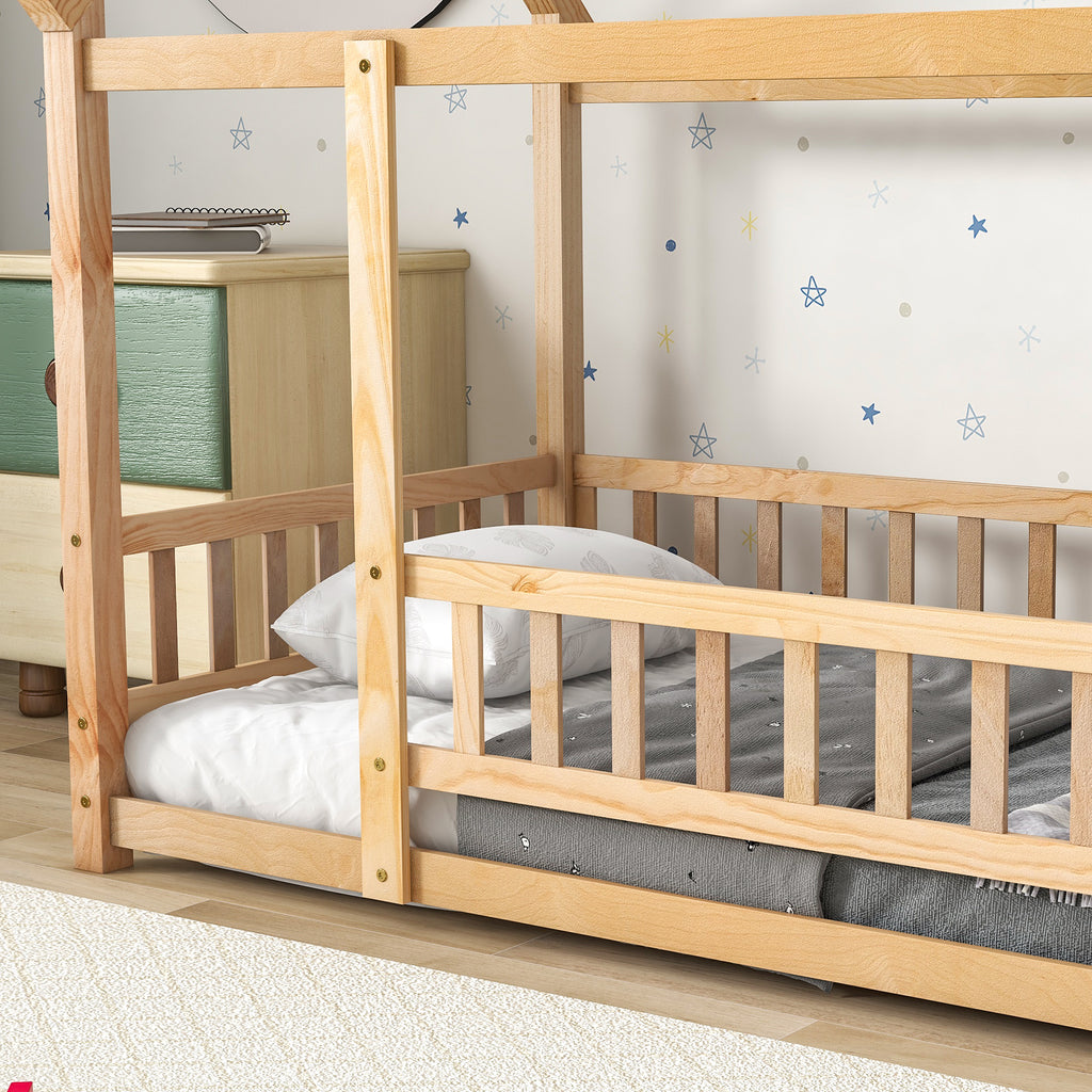 Leoglint Twin Size Floor Wooden Bed Frame with House Roof Frame, Fence Guardrails,Natural(Old SKU:W1791106616)