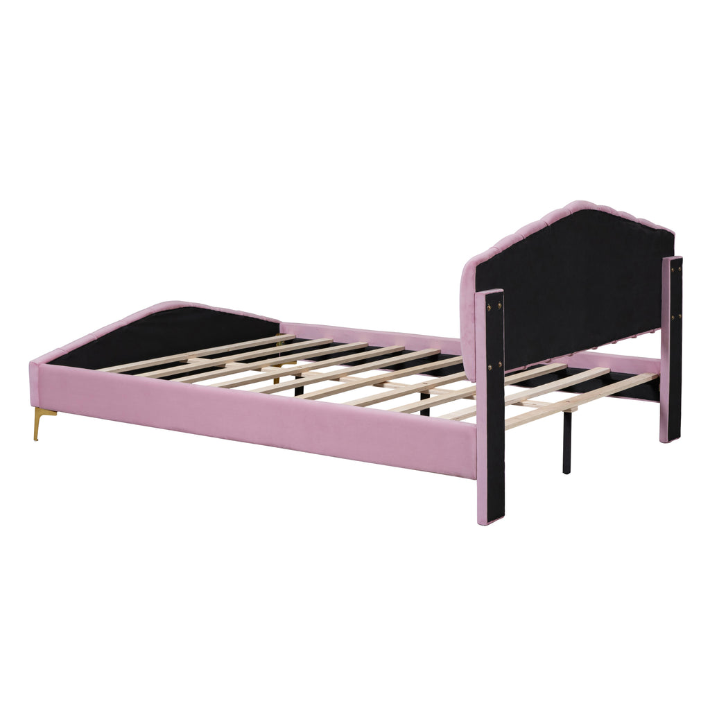 Queen Size Velvet Platform Bed Frame with Thick Fabric, Stylish Stripe Decorated Bedboard and Elegant Metal Bed Leg, Pink