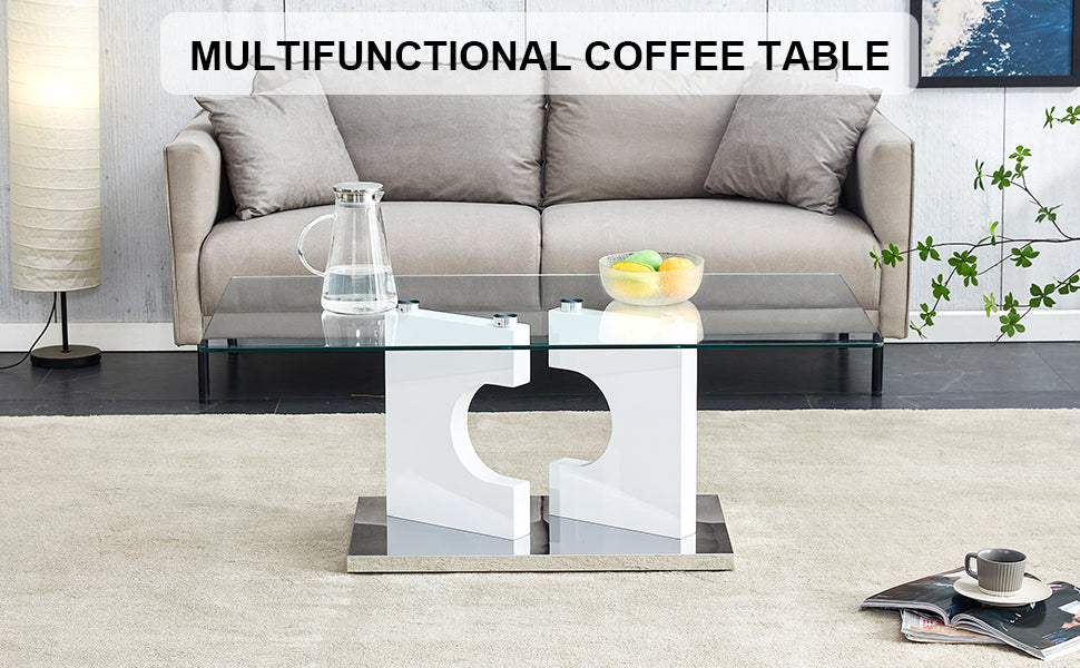 Leoglint A rectangular modern and fashionable coffee table with tempered glass tabletop and white MDF legs. Suitable for living room.47.2"*25.5"*18"