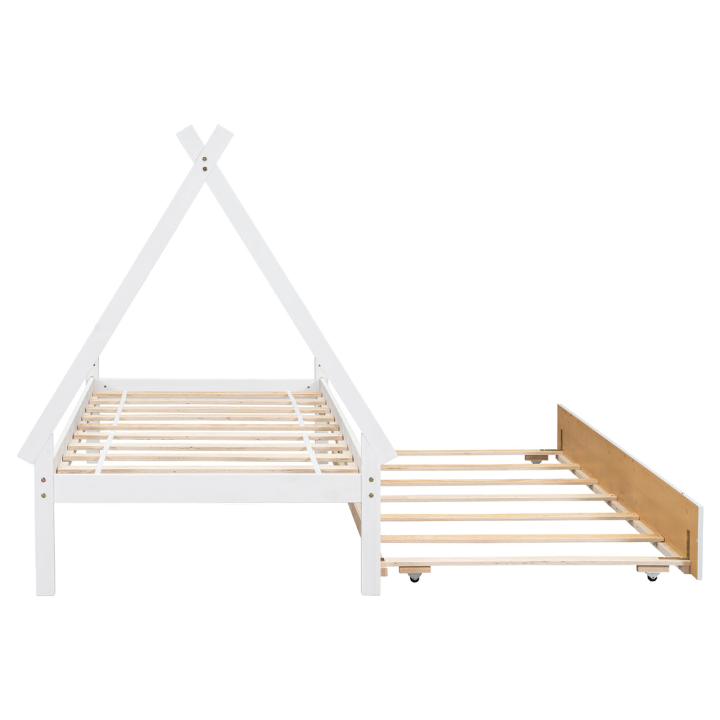 Leoglint Twin size Tent Floor Bed Frame, Teepee Bed, with Trundle,White