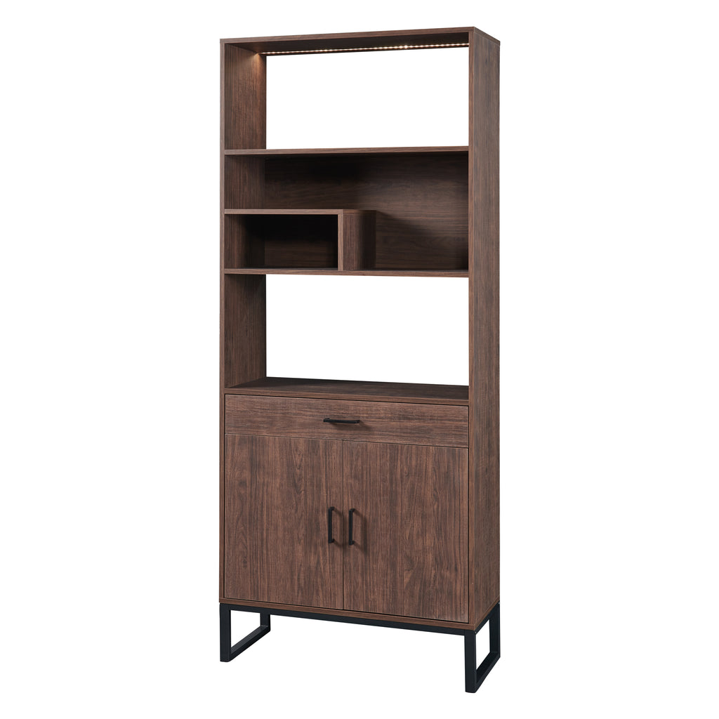 Leoglint 75.9"Modern Open Bookshelf with Doors, Bookcase with Storage drawer and LED Strip Lights,Free Standing Display Rack,Wooden Tall Bookshelf for Living Room and Office, Walnut