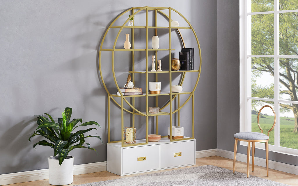 Leoglint 70.8 Inch Round Office Bookcase Bookshelf, Display Shelf, Two Drawers, Gold Frame