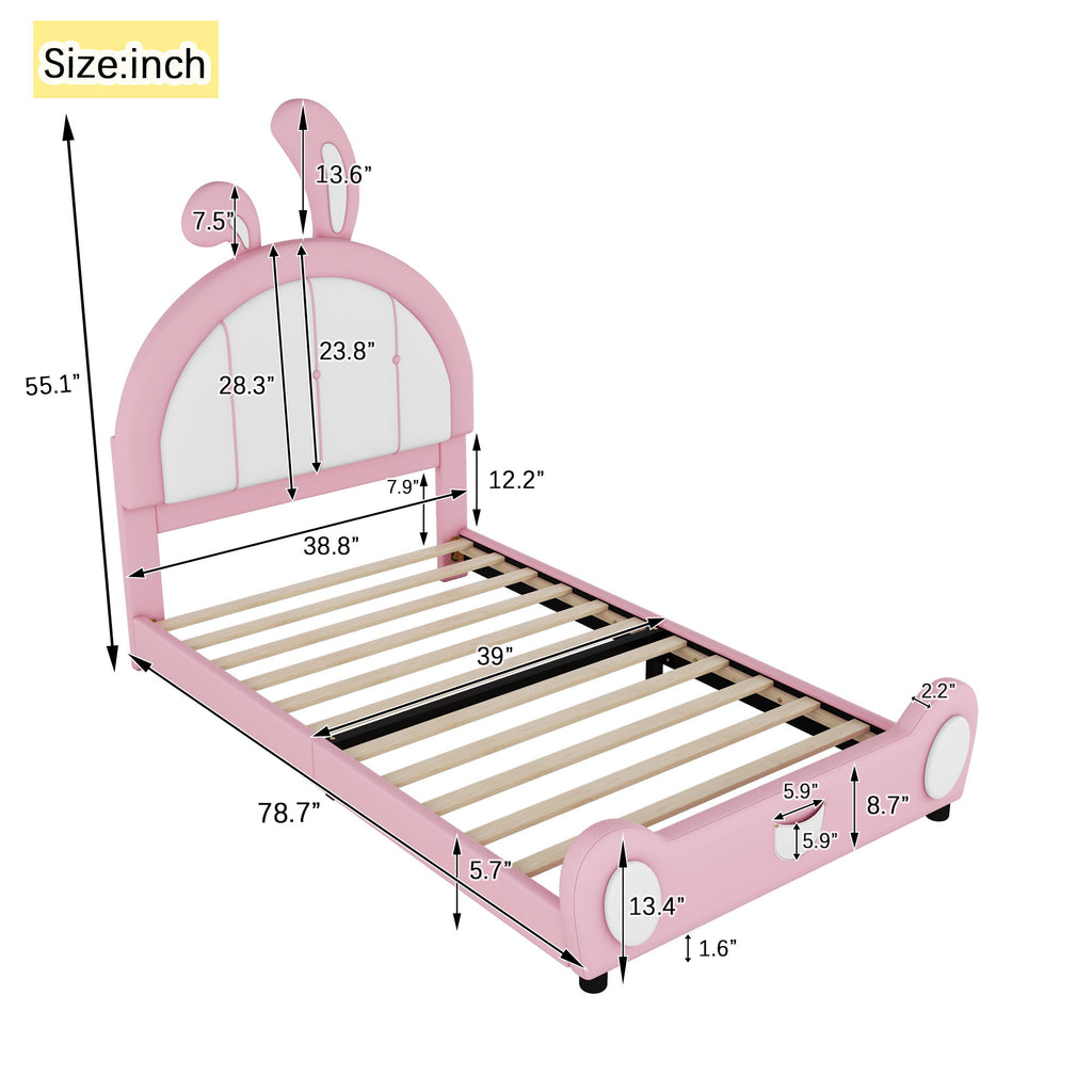 Leoglint Twin Size Upholstered Platform Bed Frame with Rabbit Shaped Headboard, Pink