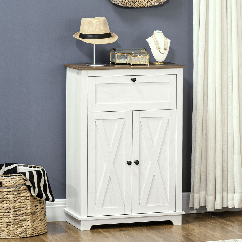 Leoglint Farmhouse Barn Door Accent Cabinet, Kitchen Sideboard Storage Cabinet with Double Doors, Drawer, and Adjustable Shelf for Bedroom, Living Room, White