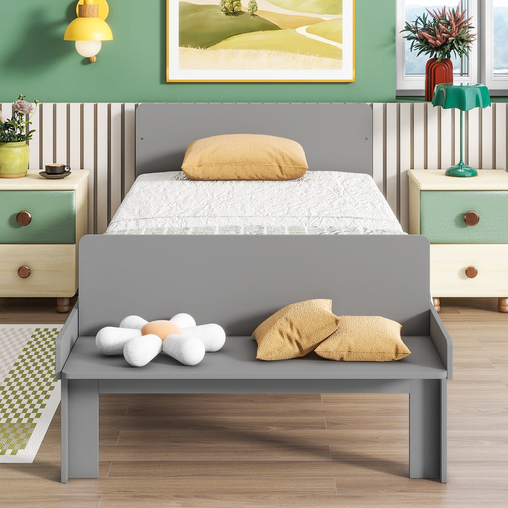 Twin Bed Frame with Footboard Bench,Grey