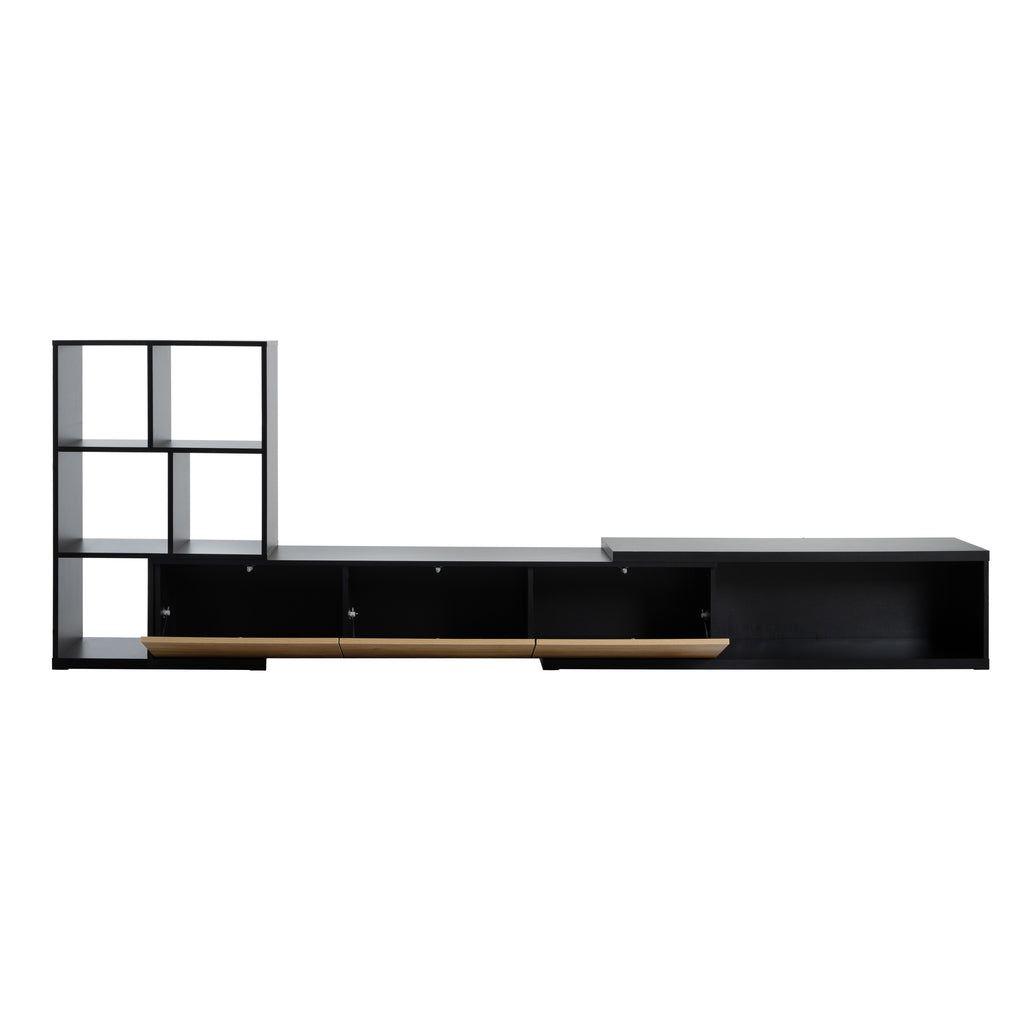 Leoglint ON-TREND 74.8''-126'' Extendable TV Stand with 3 Tier Bookshelves for TVs up to 110'', Adjustable Entertainment Center with Storage Cabinets, Sliding Tabletop Media Console for Living Room, Black