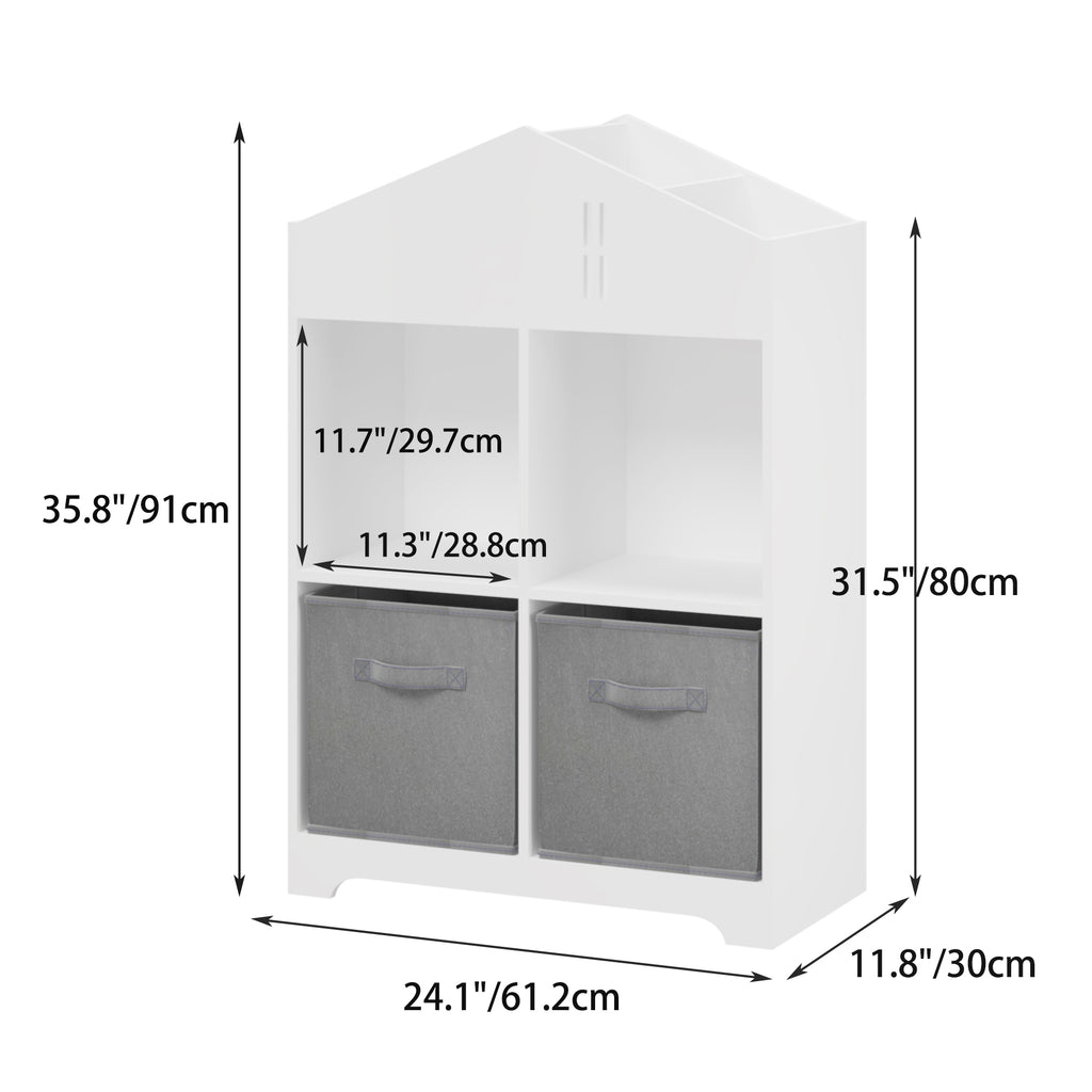 Leoglint Kids Dollhouse Bookcase with Storage, 2-Tier Storage Display Organizer, Toddler Bookshelf with 2 Collapsible Fabric Drawers for Bedroom or Playroom (White/Gray)