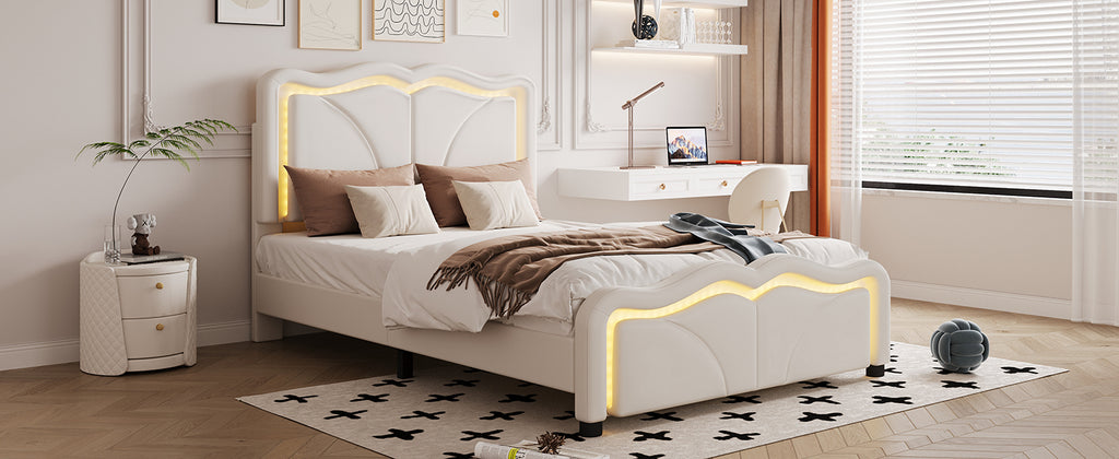 Leoglint Twin Size Upholstered Platform Bed Frame with Curve Shaped and Height-adjustbale Headboard,LED Light Strips,White