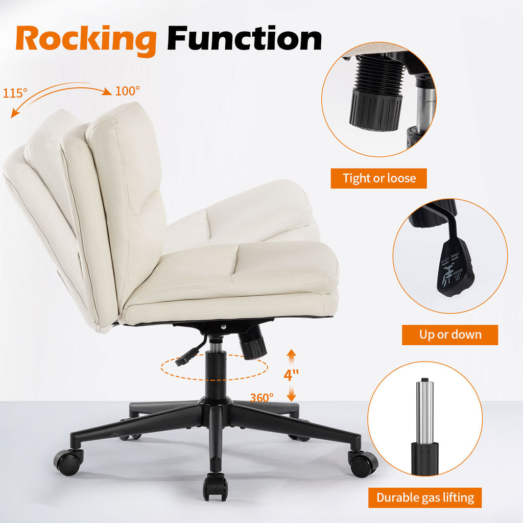 Leoglint Office Chair Armless Desk Chair with Wheels, PU Padded Wide Seat Home Office Chairs, 120° Rocking Mid Back Cute Computer Chair for Bedroom, Vanity, Makeup