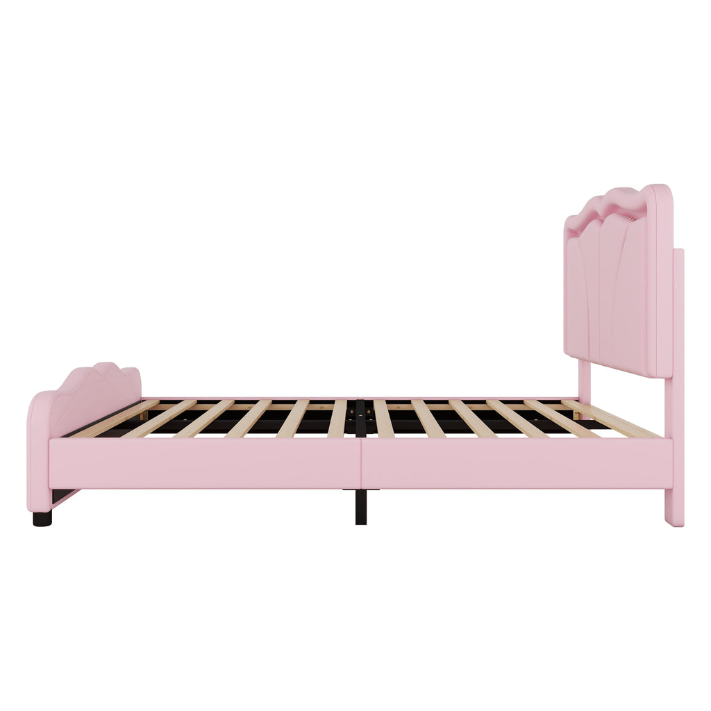 Leoglint Full Size Upholstered Platform Bed Frame with Curve Shaped and Height-adjustbale Headboard,LED Light Strips,Pink