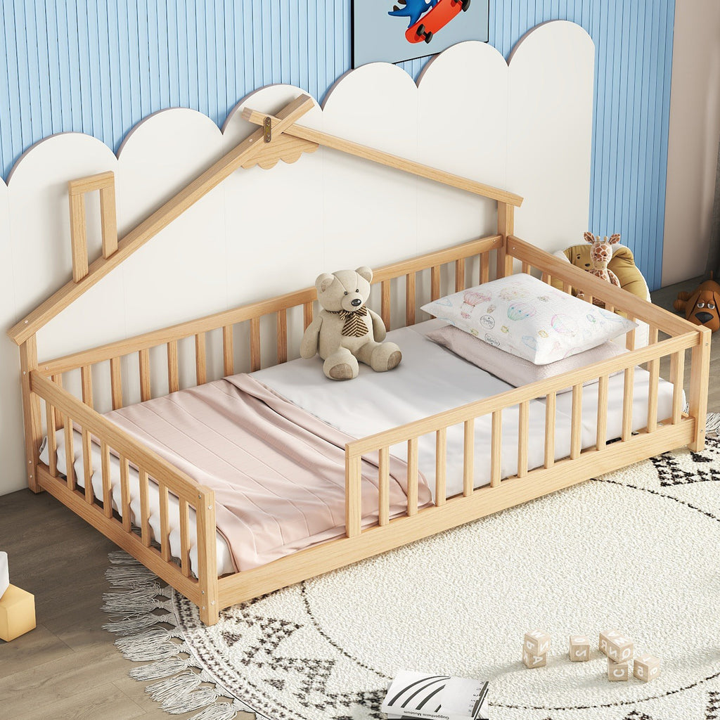 Twin House-Shaped Bedside Floor Bed Frame with Guardrails, Slats, without Door ,Natural