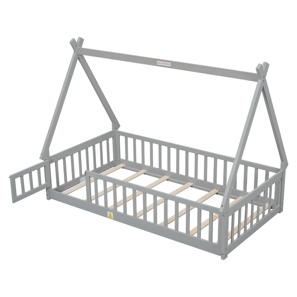 Leoglint Twin Tent-shaped Floor Bed Frame, with Guardrails, Slats, Door ,Grey